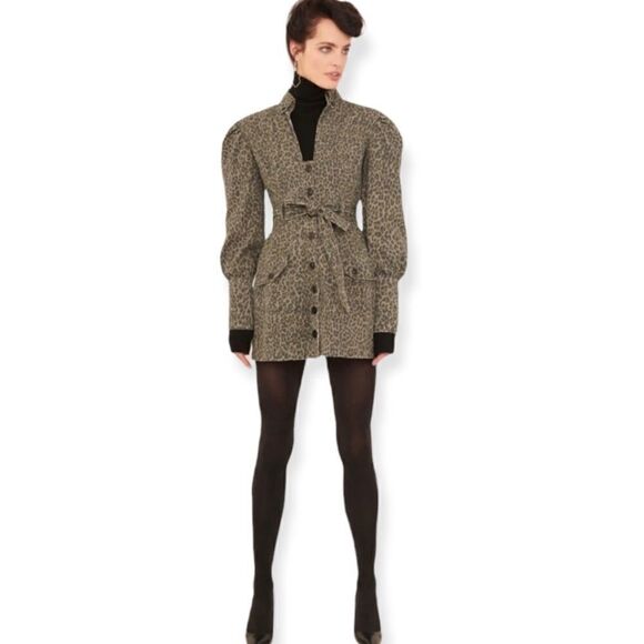 Excellent Marissa Webb Denim Cheetah Mera Print Canvas mini Dress Size Large H1 - Picture 1 of 14